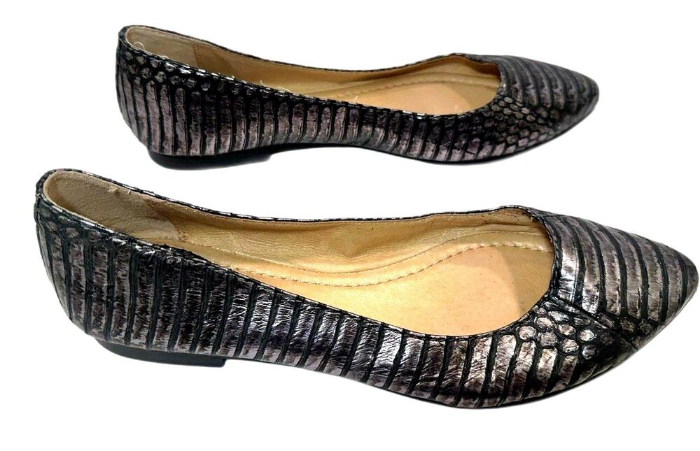 Frye Womens 7 M Metallic Gunmetal Embossed Leather Pointed Toe Ballet Flats